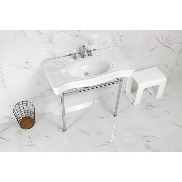 36 Ceramic Console Sink With Stainless Steel Legs, WhitePolished Chrome